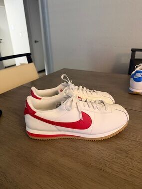 Nike  Cortez White Sneakers with Red Swoosh and Gum Outsole